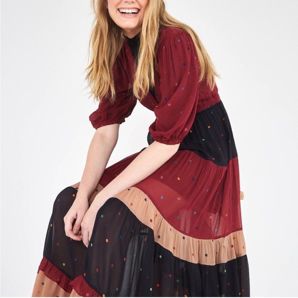 FARM Rio Burgundy, Black, and Tan Polka Dot Maxi Dress